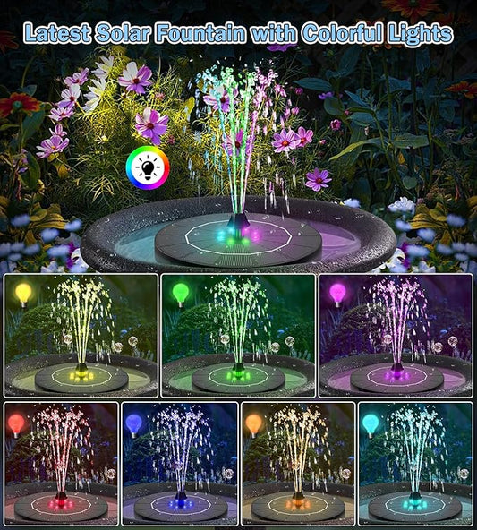 SZMP Solar Water Fountain, 2026 Upgrade 3.5W Solar Bird Bath Fountain Pump with Color LED Lights, 7 Nozzles & 4 Fixed Rods for Garden, Patio, Pond, Pool, Fish Tank, Outdoor Water Feature