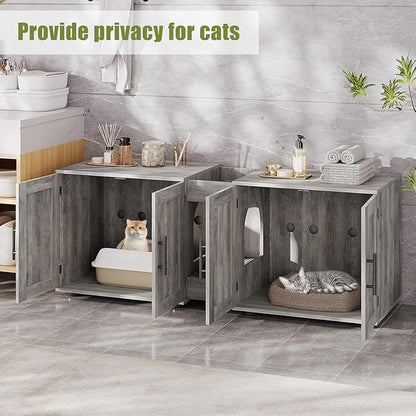 GAOMON Litter Box Enclosure with Double Cage, Cat House,Hidden Litter Box Enclosure Furniture for 2 Cats, Wooden Enclosed Cat Litter Box Furniture,55”L x 17.7”W x 22.5”H, Grey