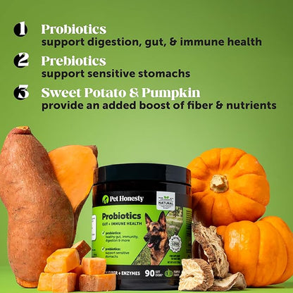 6 Billion CFU Dog Probiotics with Prebiotics, Digestive Enzymes, & Fiber - Relief for Occasional Diarrhea, Gas, Bloating & Itchy Skin - Daily Gut Health & Immune Support for All Dogs (Pumpkin, 90 ct)
