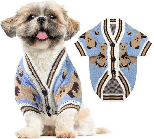 ABRRLO Small Dog Sweaters Cute Bear Dog Cardigans Clothes for Small Medium Dogs Boy Girl Puppy Cat Knitting Cardigan Outfits Dogs Autumn Coats Warm Pet Doggy Clothes Soft Knitwear Apparel (Blue,M)