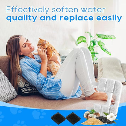Cat Water Fountain Filter Replacement Compatible with Qinliy 3.5L Stainless Steel Fountain, Carbon Water Filter Cat Fountain with Pump Sponges, 8+8 Pack