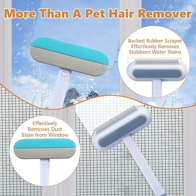 Tiiyee Pet Hair Remover for Furniture, 17in Dog and Cat Hair Removal Brush | 4 in 1 Reusable Washable Lint Cleaner with Long Handle Cleaning for Couch, Carpet, Clothes & Bedding Car Seats Window Tile