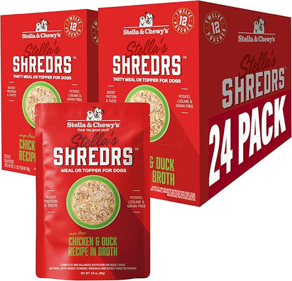 Stella & Chewy's Cage Free Chicken & Duck Shredrs - Premium Dog Food Pouches - Perfect For Picky Eaters- 24 Pack, 2.8oz Each