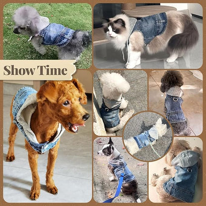 Cool Dog Jean Jacket Vest with D-Ring Blue Denim Dogs Hoodies Outfits for Small Medium Dogs Cats Boy Male Dog Clothes Costume Dogggie Puppy Harness Coat for Frenchie Walking(Grey Hat,M)