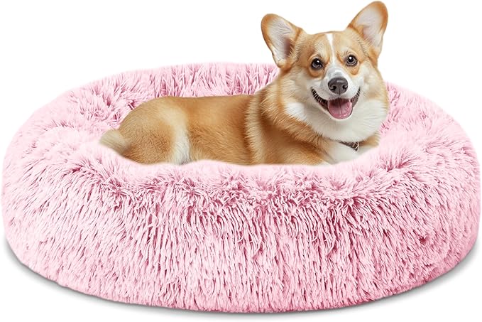 ELSKER&HOME Calming Dog Bed,Donut Washable Warming Soft Round 30 inches Dog Beds for Medium Dogs,Anti-Anxiety Fluffy Plush Cushion Bed Fits up to 50 lbs Pets,Pink