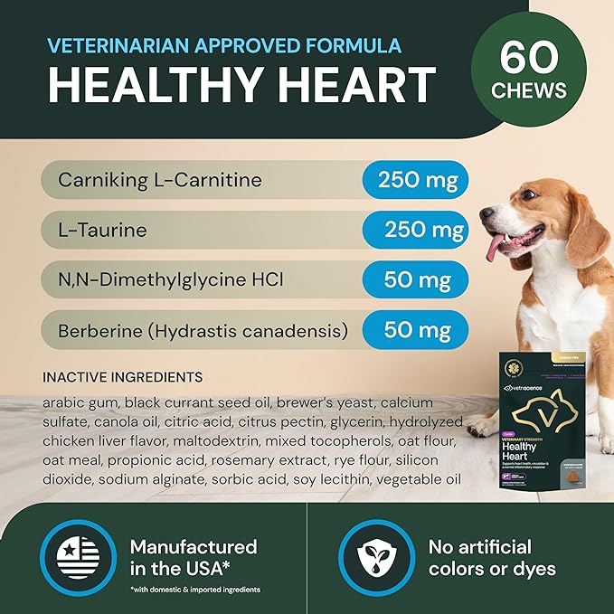 VETRISCIENCE Veterinary Strength Healthy Heart Chews - Heart & Energy Supplement for Pets - Cardiovascular Supplement - Pet Blood Flow Support - Chicken Flavor - 60 Count