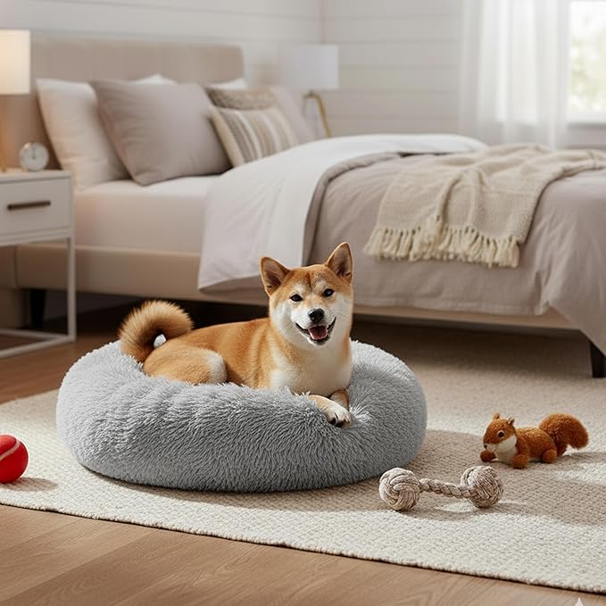 Soft Round Dog & Cat Bed, Anti-Anxiety Donut Cuddler with Anti-Slip Bottom Cozy Fluffy Pet Bed for Medium Large Dogs and Cats, 37inch, Grey