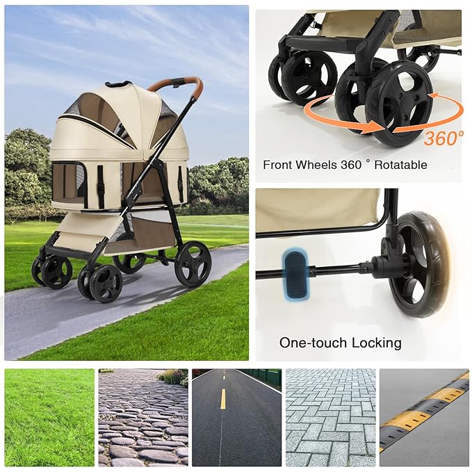 4 Wheels Pet Stroller for Small/Medium Dogs and Cats,Dog Stroller with Detachable Carrier and Storage Basket,One Click Folding, Compact Portable,Up to 50lbs,3 in1 Multifunctional(Grey)