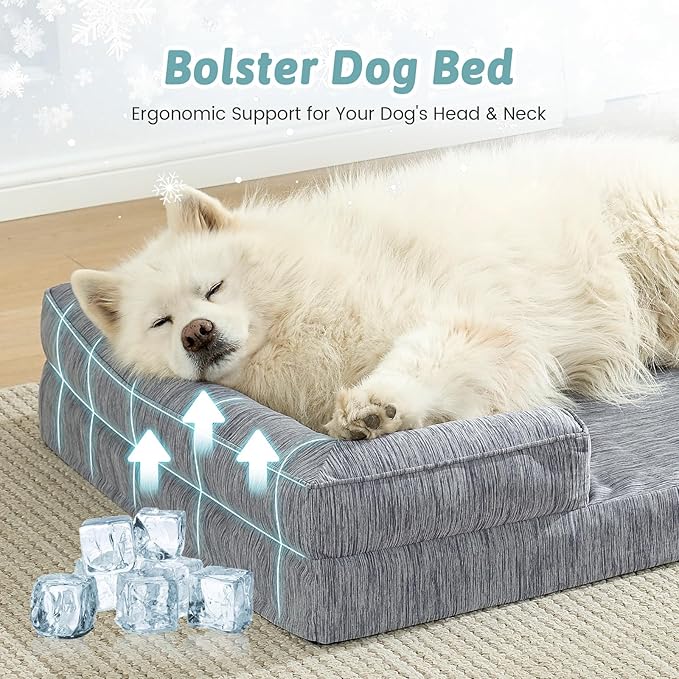 COZY KISS Cooling Dog Bed for Extra Large Dogs, Q-Max >0.4 Summer Cool Orthopedic Foam Pet Sofa Bed with Sides, Bolster Anti-Slip Couch with Washable Removable Cover, XXL 48x35x7.5 inch, Dark Grey