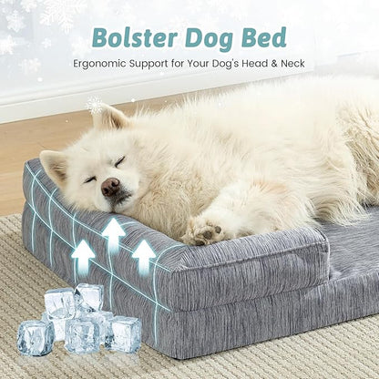 COZY KISS Cooling Dog Bed for Extra Large Dogs, Q-Max >0.4 Summer Cool Orthopedic Foam Pet Sofa Bed with Sides, Bolster Anti-Slip Couch with Washable Removable Cover, XXL 48x35x7.5 inch, Dark Grey