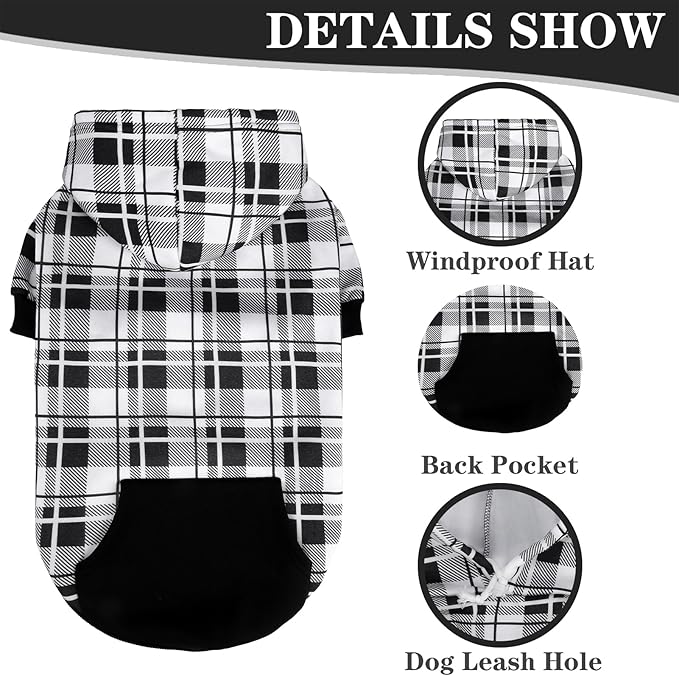 EXPAWLORER Plaid Dog Hoodie - British Style Warm Dog Sweater Shirt with Leash Hole,Pitbull Clothes Outfits,Winter Coat Apparel for All Breeds Puppy Girl Boy-Cat Apparel,Black & White Large
