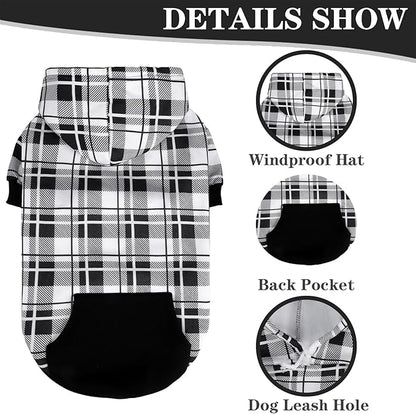 EXPAWLORER Plaid Dog Hoodie - British Style Warm Dog Sweater Shirt with Leash Hole,Pitbull Clothes Outfits,Winter Coat Apparel for All Breeds Puppy Girl Boy-Cat Apparel,Black & White Medium