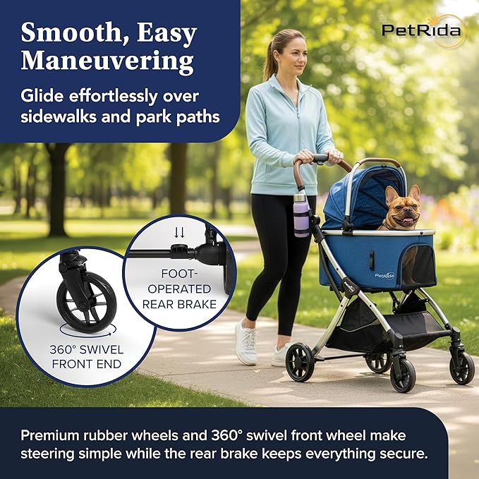 Luxury Pet Stroller with Detachable Carrier | Lightweight Design with Easy One-Hand Fold & Spacious Storage Basket | Safe & Comfortable Travel for a Small to Medium Dog or Cat, Blue