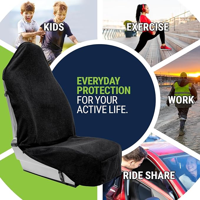 Season Guard Terry Cloth Sweat Towel Seat Cover; Carseat Towel Protector; Great for Gym Workout; Waterproof; Universal Fit for Car SUV Van Truck; EZ fit; Non Slip Grip; Machine Washable; 2pc Black