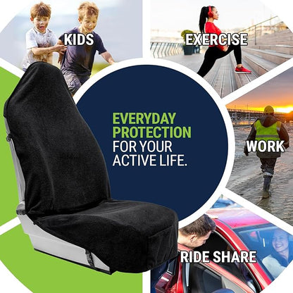 Season Guard Terry Cloth Sweat Towel Seat Cover; Carseat Towel Protector; Great for Gym Workout; Waterproof; Universal Fit for Car SUV Van Truck; EZ fit; Non Slip Grip; Machine Washable; 2pc Black