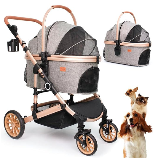Bicystar Pet Stroller for Medium Dogs, Smooth-Ride Dog Stroller with Detachable Carrier, Rubber Wheels, Car Seat Combo 3-in-1, Up to 50 lbs, for Senior Dogs & Cats, Grey
