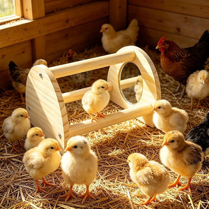 Pine Chicken Perch with Mirror, Strong Chick Jungle Gym Roosting Bar, Chicken Toys for Coop and Brooder, Training Perch Toys for Large Bird, Parrot, Macaw, Hens (Small)