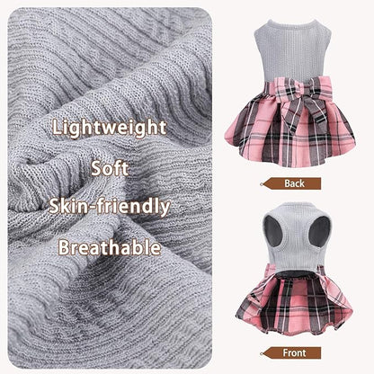 PUPTECK Classic Plaid Dog Dress Pet Apparel with Cute Bowtie Puppy Clothes Outfit,Grey,XS