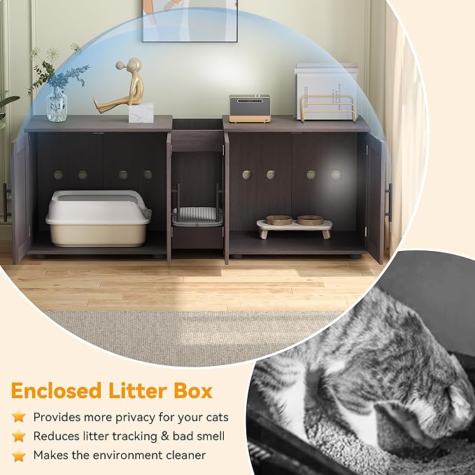 GAOMON Litter Box Enclosure with Double Room,Cat Hidden Litter Box Enclosure Furniture for 2 Cats with Double Room, 55”L x 17.7”W x 22.5”H Cat House,Wooden Enclosed Cat Litter Box Furniture,Walnut