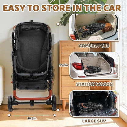 Dog Stroller for Small Pets, All-Terrain 4-Wheel Cat & Dog Carrier with 360° Front Wheels, Adjustable Handle & Canopy|Cup Holder & Storage Basket|Foldable in One Step|Ventilated Design for Comfort