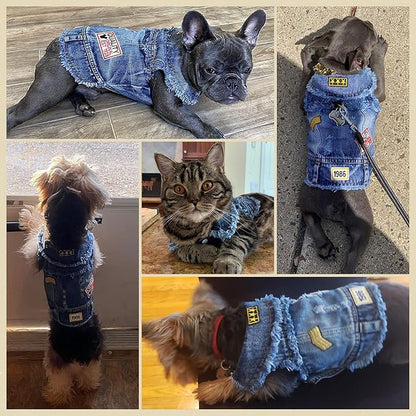 Cool Dog Jean Jacket Small Puppy Outfits Frenchie Clothes Denim Coats for Small Medium Dogs Cats Boys Girls Pet Vest Dog Shirt Clothing Doggy Costume (Blue Print, M（Suggest 6-9 lbs）)