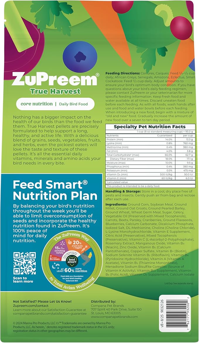 ZuPreem Natural Bird Food, Bird Feed Pellets for Parrots, Conures, Caiques, African Greys, Eclectus & Small Cockatoos, ZuPreem Nutrition, Made in USA, Parrot Food, Conure Feed, (M/L, 3 lb)