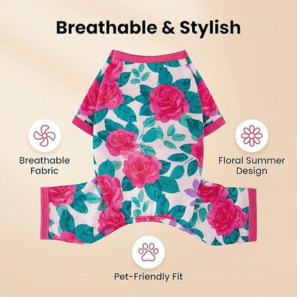 Dog Pajamas Summer Dog Clothes for Small Medium Dogs Girl Dog Pjs Cute Doggie Onesie Breathable Puppy Clothes Soft Stretchy Cat Pet Outfit (Rose Flower, X-Large)