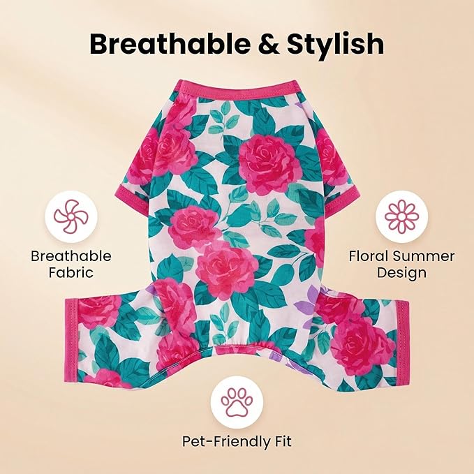 Dog Pajamas Summer Dog Clothes for Small Medium Dogs Girl Dog Pjs Cute Doggie Onesie Breathable Puppy Clothes Soft Stretchy Cat Pet Outfit (Rose Flower, XX-Large)