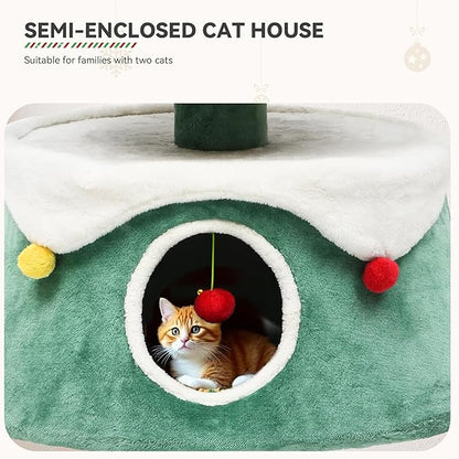 DWVO Christmas Cat Houses for Indoor Cats, Christmas Cat Tree Tower with 2 Cozy Houses, Kitty Furniture with Teaser Plaything for Christmas Decoration