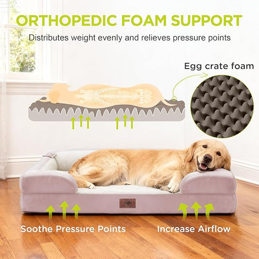 Orthopedic Dog Bed for Extra Large Dogs, XXL Waterproof Egg Crate Memory Foam Pet Bed Bolsters with Removable Washable Cover & Non-Slip Bottom, Tennis Ball Toy, 45 x 35