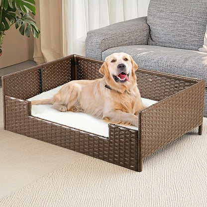 DWVO Rattan Dog House Outdoor Indoor with Cushion, Wicker Dog Sofa Bed for Small, Medium, and Large Dogs, 34.6''L*23.6''W*11.8''H, Beige