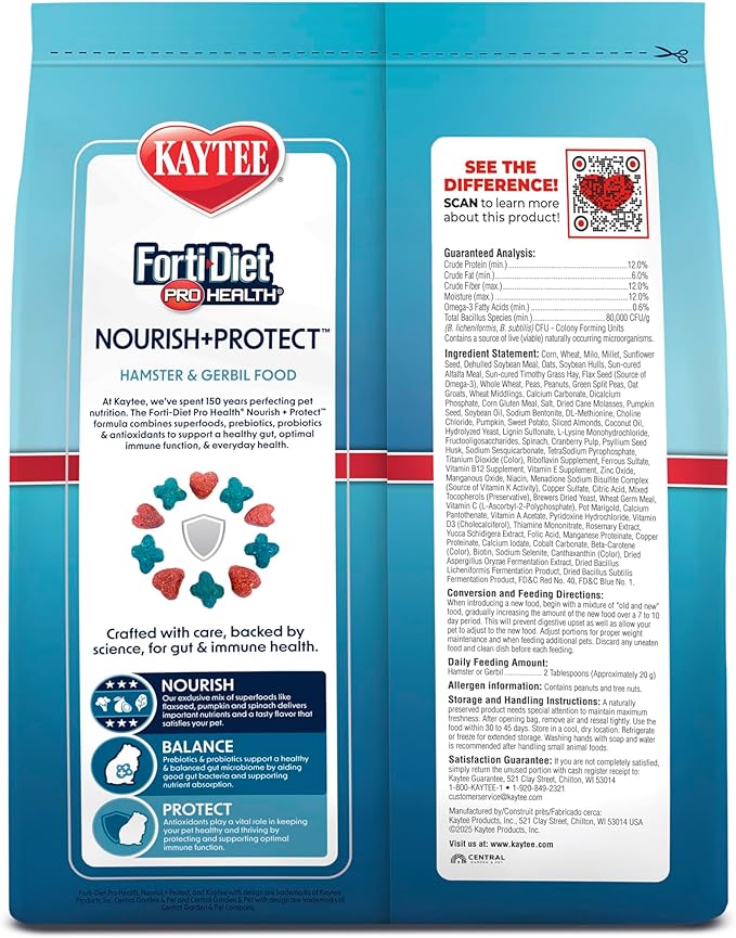 Kaytee Forti-Diet Pro Health Nourish+Protect Hamster and Gerbil Food, Comprehensive Nutrition Backed by Science, Digestive Health, Immune Support, 3 Pounds