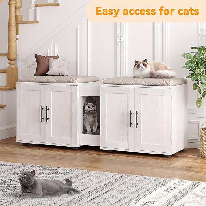 GAOMON Litter Box Enclosure with Double Cage, Cat House,Hidden Litter Box Enclosure Furniture for 2 Cats, Wooden Enclosed Cat Litter Box Furniture,55”L x 17.7”W x 22.5”H,White