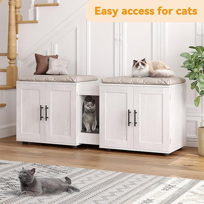 GAOMON Litter Box Enclosure with Double Cage, Cat House,Hidden Litter Box Enclosure Furniture for 2 Cats, Wooden Enclosed Cat Litter Box Furniture,55”L x 17.7”W x 22.5”H,White