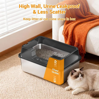 Stainless Steel Litter Box, XL Enclosed Cat Litter Boxes with Lid for Big Cats and Multi-Cats, High Sided, Anti-Urine Leakage Non-Stick Bottom Include Scoop Easy to Clean