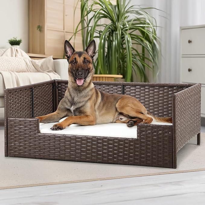 DWVO Rattan Dog House Outdoor Indoor with Cushion, Wicker Dog Sofa Bed for Small, Medium, and Large Dogs, 38.6''L*26.4''W*15''H, Beige