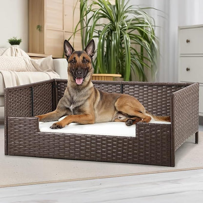 DWVO Rattan Dog House Outdoor Indoor with Cushion, Wicker Dog Sofa Bed for Small, Medium, and Large Dogs, 38.6''L*26.4''W*15''H, Beige