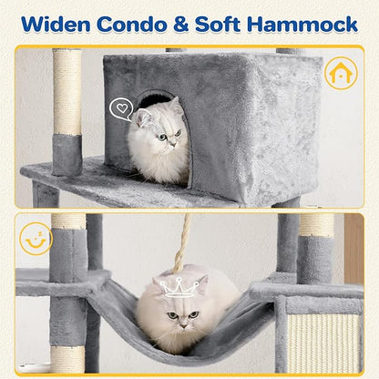 ABCPET Cat Tree Tower 63in Multi-Level Cat Tower for Indoor Cats with Sisal Scratching Posts, Condo, Hammock, Dangling Ball and Extended Platform for Cats to Play, Light Grey