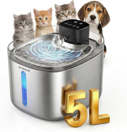 5L Cat Dog Water Fountain,Stainless Wireless Fountain | 5L wireless cat dog fountain for small dogs and multi-cat homes, sensor flow, quiet use, 4000mAh battery and 1 filter set
