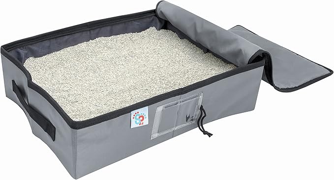 SportPet Designs Portable Travel Litter Box for Cats, Large Collapsible Litter Box with Zippered Lid, Water-Resistant & Leak-Resistant Cat Litter Tray for Travel, Gray