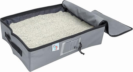 SportPet Designs Portable Travel Litter Box for Cats, Large Collapsible Litter Box with Zippered Lid, Water-Resistant & Leak-Resistant Cat Litter Tray for Travel, Gray
