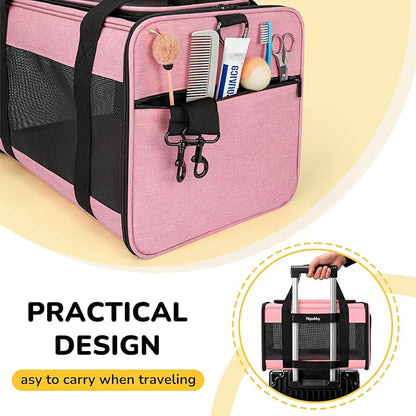 Hipubby Cat Carrier Dog Carrier for Pets Up to 16 Lbs, Soft-Sided Pet Travel Carrier for Cats and Small Dogs, Airline Approved Pet Carrying Case with Shoulder Strap & Removable Mat - Pink
