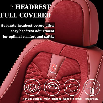 Coverado Car Seat Covers Full Set, Red Seat Covers for Cars 5 Seats, Breathable Fabric& Faux Leather Car Seat Cushions, Front and Rear Car Seat Protectors, Universal Seat Covers Fit for Most Vehicles