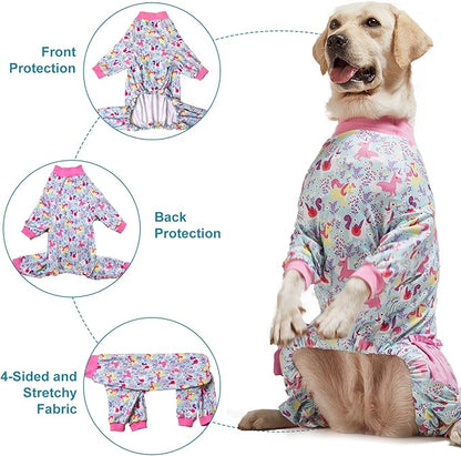 LovinPet Large Breed Dog Pajamas Onesie, Lightweight Stretchy Knit Dog Jammies, Unicorn Seafoam Print, Stop Shedding for Dogs, Pet Pajamas for Dogs, Pet PJ's, L
