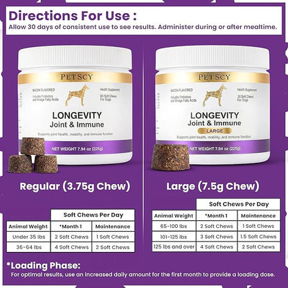 Petscy Longevity Hip & Joint + Immune Support for Dogs - Large (7.5g Chew) - High Dose Glucosamine, MSM, Chondroitin, Green Lipped Mussel, Omega 3, Probiotics - 30 Chews (Large Dogs)