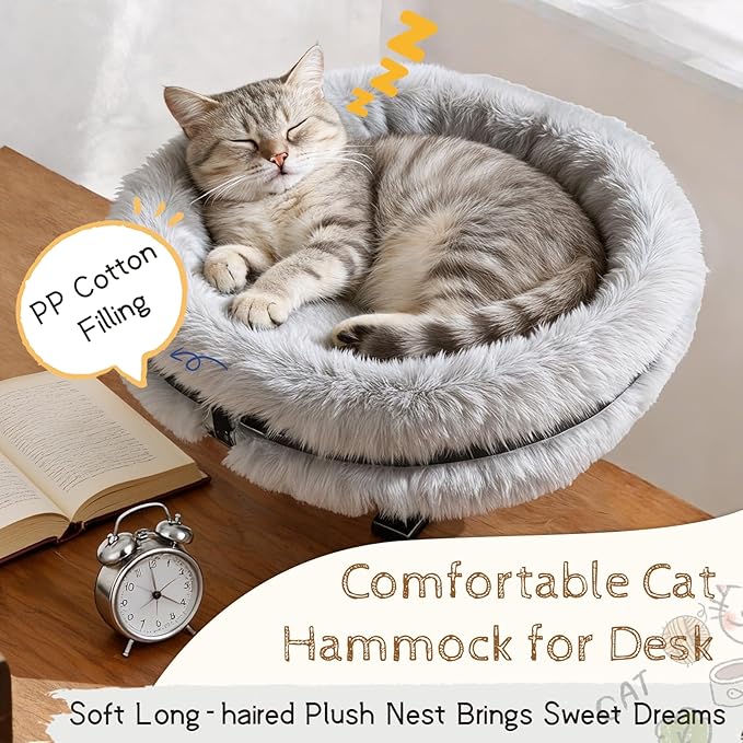 Cat Bed for Desk 360 Rotating with Adjustable Height, Removable Desk Mounted Kitty Bed with Soft Fur, Desktop Cat Hammock Supports 33 lbs for Table Home Office Indoor