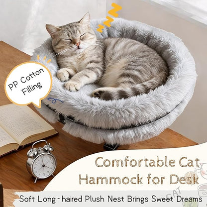 Cat Bed for Desk 360 Rotating with Adjustable Height, Removable Desk Mounted Kitty Bed with Soft Fur, Desktop Cat Hammock Supports 33 lbs for Table Home Office Indoor