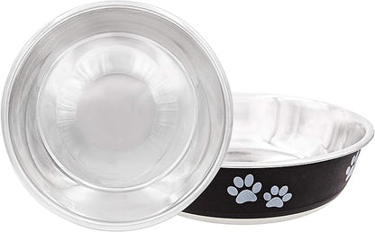 Food Bowl & Water Bowl for Dogs & Cats | Designer Series: Paw Print Detail, Stainless Steel & Black, 28 oz (FPP-Black M)