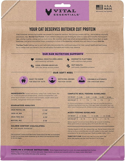 Vital Essentials Freeze Dried Cat Food, Raw Turkey Soft Nibs | Complete Meal or Topper | 99% Turkey, Organs & Bone | Limited Ingredient, High Protein, Grain Free Dry Cat Food | 12 oz Bag