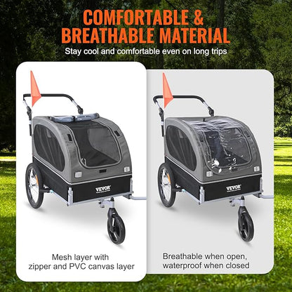 VEVOR Dog Bike Trailer, Supports up to 66/88/100 lbs, 2-in-1 Pet Stroller Cart Bicycle Carrier, Easy Folding Cart Frame with Quick Release Wheels, Universal Bicycle Coupler, Reflectors, Flag